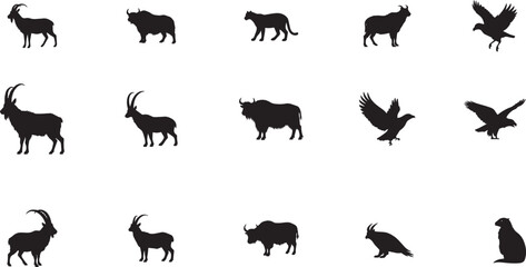Wild Animal Silhouettes Set – Goat, Yak, Antelope, Bird, Panther Shapes