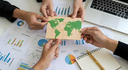 a collaborative meeting with people discussing a world map, surrounded by financial charts and documents