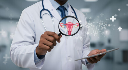 doctor using magnifier to view illustration of the female reproductive system in the medical office setting