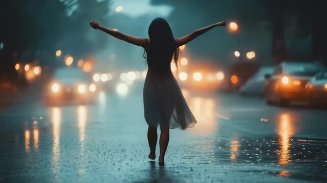 back view of ballerina dancing on a damp surface while rain falls