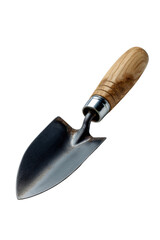 Garden Trowel Tool: Close-up of a shiny new trowel with a wooden handle, ideal for small-scale digging and planting in your garden.