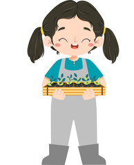 Cute asian girl brings seedling in farmland in a summer