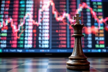 A chess piece stands with brightly moving trading data in the background.