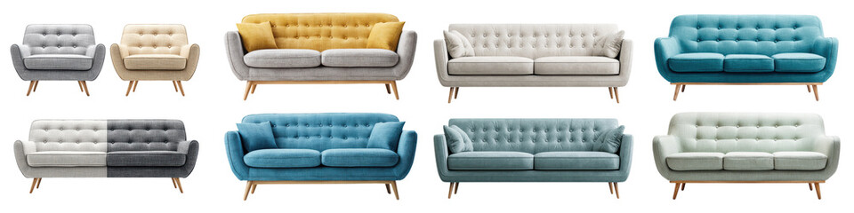 Modern, stylish, tufted sofas in various colors and sizes, featuring cozy designs, ideal for contemporary living spaces, enhancing comfort and decor