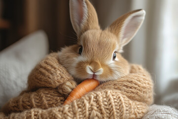 Rabbit sits on blanket holding a carrot.