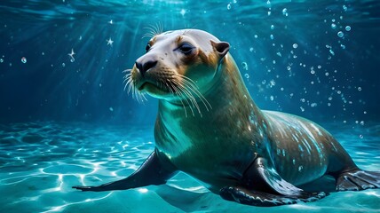 Obraz premium Fantasy-style image of a sea lion floating in glowing cyan water, with sparkles of light, dynamic pose, hyper-realistic and visually striking underwater scene,Generative Ai 