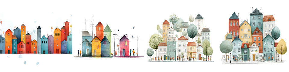 Naklejka premium Charming, colorful cityscape illustrations featuring whimsical houses, vibrant rooftops, lush greenery, and detailed street scenes, ideal for home decor, children's books, and marketing materials