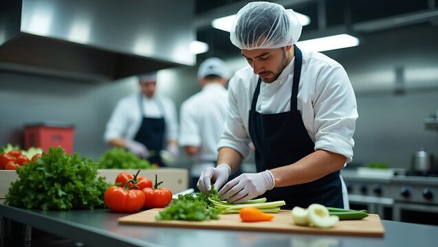 Chefs carefully prepare fresh vegetables in a professional kitchen setting, ready to cook.