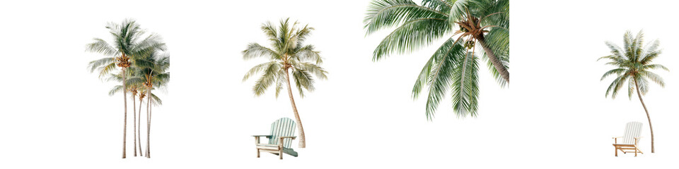 Obraz premium Tropical palm trees and beach chairs creating a serene coastal atmosphere, capturing the essence of relaxation and summer vibes in a vibrant and lush environment