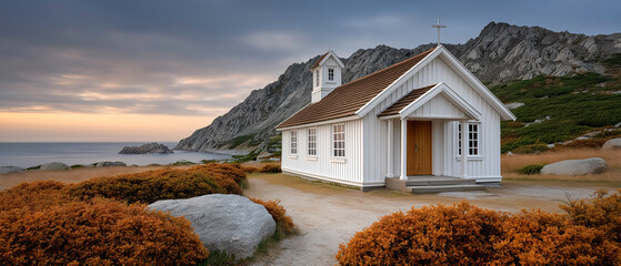 Coastal Chapel: A quaint white chapel, set against a dramatic coastal backdrop, captures the essence of serenity and architectural elegance, with a pathway leading to its inviting entrance. 