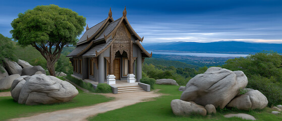 Tranquil Sanctuary: A serene scene unveils a beautiful ancient structure nestled amidst a picturesque landscape, exuding peace and tranquility under a vast, open sky.