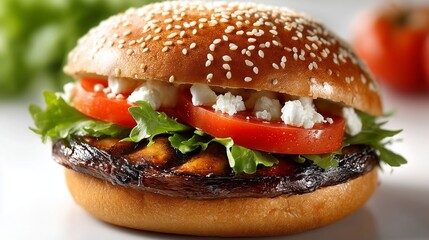 Juicy grilled portobello mushroom burger on plain bright white background no shadows, ultra realistic vegetarian ad