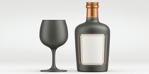 Elegant Still Life: Matte wine bottle mockup beside empty glass presents a refined composition, exuding sophistication and allure in this elegant still life.