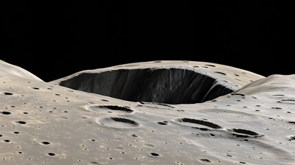 Close-up of a lunar or planetary surface featuring multiple impact craters and a large, deep chasm or cavern under a dark sky.