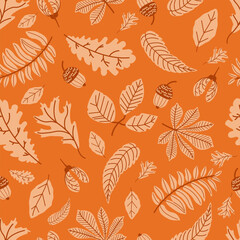 Seamless pattern of autumn leaves in orange colors. Vector monochrome illustration. Maple, oak and rowan leaf, acorn, background for fabric, wallpaper or gift wrapping print.