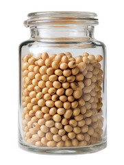 Clear glass jar filled with raw soybeans, showcasing their natural color and texture. jar is transparent, allowing full view of soybeans inside, creating appealing visual
