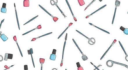 Naklejka premium Scattered beauty tools including brushes scissors and nail polish on white background