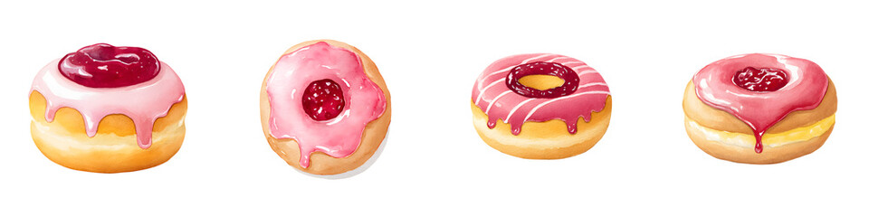 Delicious, colorful donuts topped with frosting and fruity glazes, featuring a variety of flavors and textures, perfect for desserts and sweet treats in a playful, appetizing style