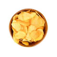 potato chips in wooden brown cup isolated