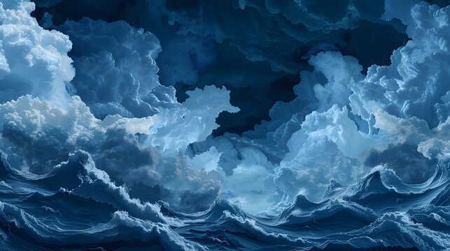 An intense anime-style depiction of a turbulent, dark blue stormy sea with dramatic, churning waves and heavy, ominous clouds filling the sky.