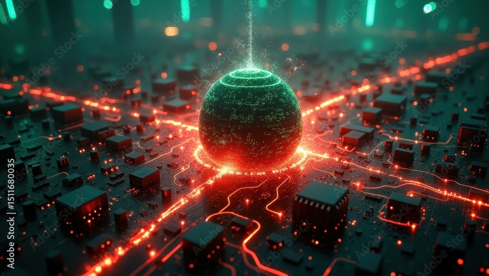 Poster cyberattack disrupts power grid control systems in a futuristic digital environment