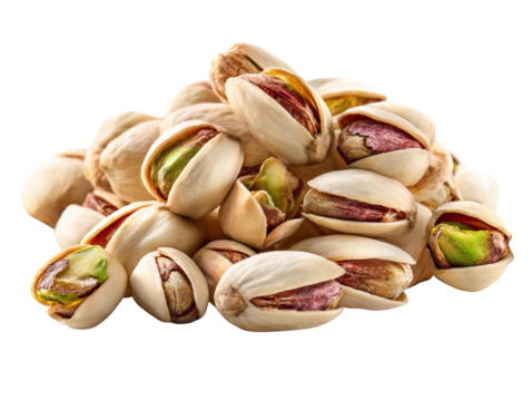 Pistachios are delicious and nutritious snack, featuring mix of closed and partially opened shells, showcasing their vibrant green and purple kernels. Enjoy rich flavor and health benefits