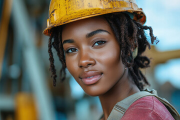 Woman in hard hat inspecting construction site.