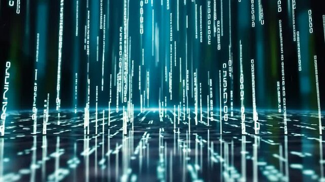 Digital binary code raining down on grid surface technology background