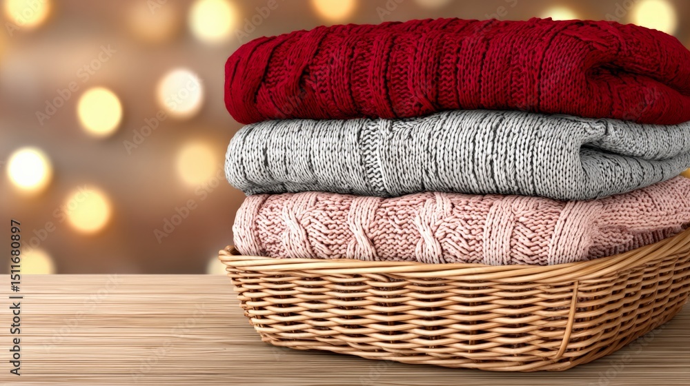 Poster neatly folded knitted sweaters stacked in a wicker basket with warm bokeh lights in the background