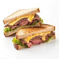 Freshly prepared roast beef sandwich with melted cheese and crisp lettuce served on toasted bread
