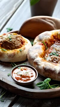 Libyan bazin, a hard dough served with a spicy tomato sauce and meat, presented on a traditional tray. A flavorful and traditional dish from Libya