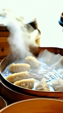 Mongolian buuz, steamed dumplings filled with meat, served on a bamboo steamer tray. A traditional and delicious dish from Mongolia