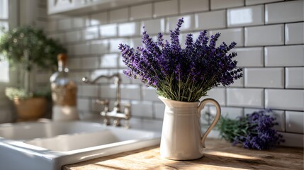 Summer kitchen vibe with ceramic sink, sprigs of lavender in a jug, white tile backdrop