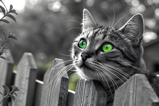 Stunning green-eyed cat behind wooden fence, black and white photo with selective color, sharp whiskers, vivid feline close-up