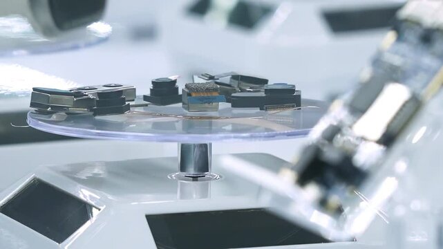 Technology electronic chip product components turntable display, electric devices Production Industry, component Installation fop Circuit Board