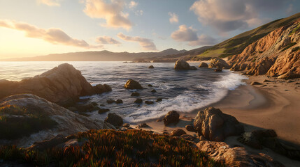 Obraz premium Coastal Sunset View Of Rocky Shore