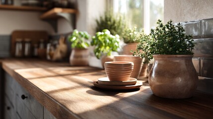 Fototapeta premium Sunlit rustic-modern kitchen corner with terra-cotta pots and wood countertop, minimal tones