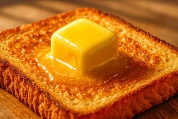 A rich golden cube of butter slowly melting on a perfectly toasted slice of bread, captured in warm natural light, emphasizing texture, comfort, the simple indulgence of a classic breakfast favorite