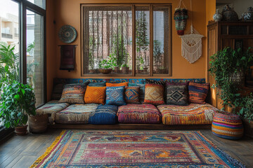 Colorful couch on large rug in living room.