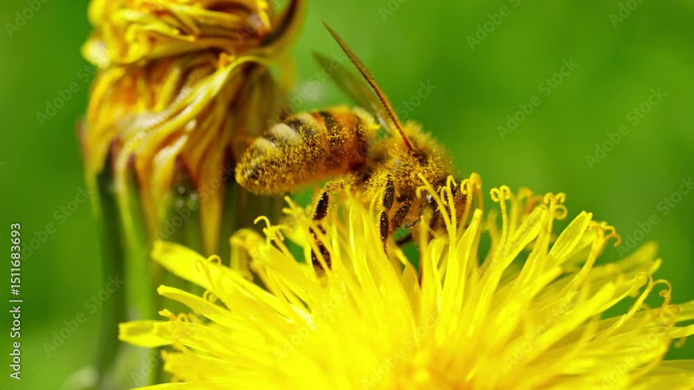 Poster macro of a honeybee covered in pollen while collecting nectar from a bright yellow dandelion flower 