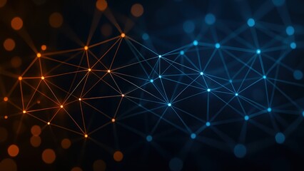 Abstract glowing network of orange and blue dots connected by digital lines on dark background