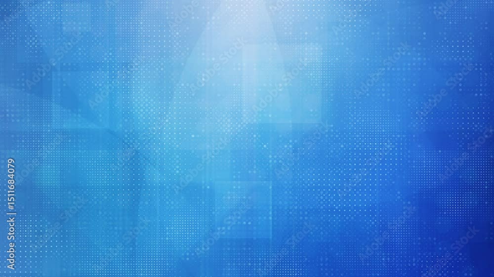 Poster seamless looping blue digital halftone dots grid animation background with flowing geometric shapes 