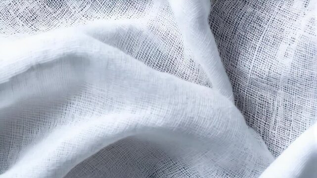 Delicate white cotton gauze fabric with textured woven pattern and soft folds for textile designs, backgrounds, or drapery in a minimal, clean style.