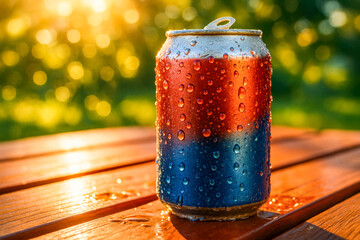Refreshing soda can drenched in condensation, sitting on a sunlit wooden picnic table with golden summer bokeh in the background—capturing the intense heat of the season and the relief of a cold drink