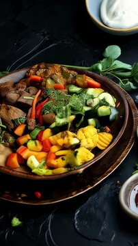 Traditional Ethiopian injera platter featuring a variety of spicy stews and vegetable sides. A flavorful and aromatic African meal showcasing the diversity of Ethiopian cuisine