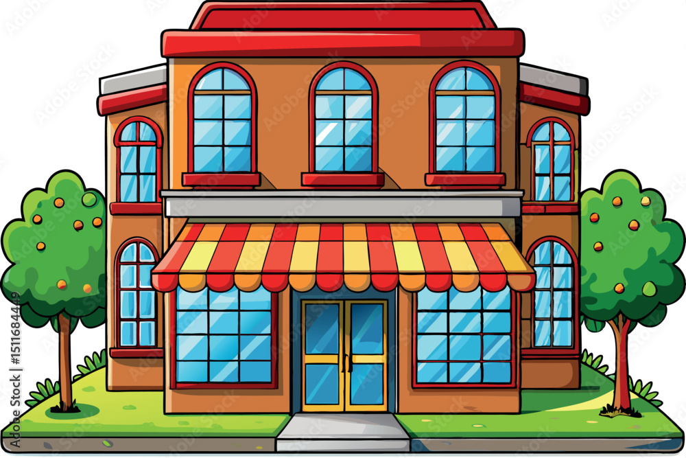 Poster colorful building with large windows and green trees in a sunny environment during the day