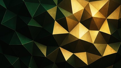 Olive green and gold low poly triangle background with metallic texture and geometric depth