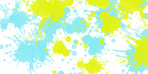 Abstract watercolor splatters in yellow and blue over a white background for creative designs