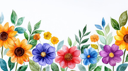 Bright and colorful floral arrangement featuring sunflowers, daisies, and various blossoms with lush green leaves, creating cheerful atmosphere