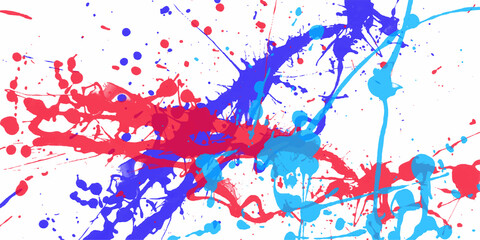 Colorful paint splatter abstract background with red blue and cyan color splashes on white canvas